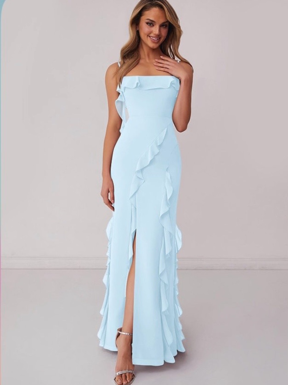 Azazie Ruffle Chiffon Maxi Dress in Sky Blue